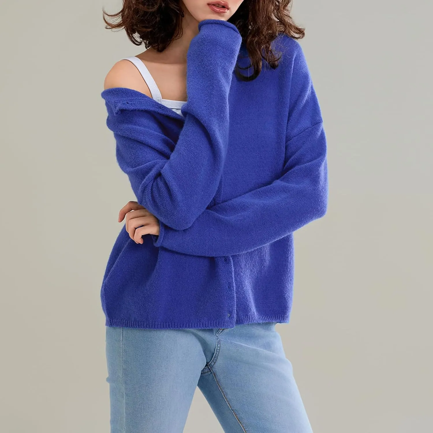 Women Casual Cardigan Sweater Lightweight Loose Crewneck Button Down Long Sleeve Basic Knit Tops