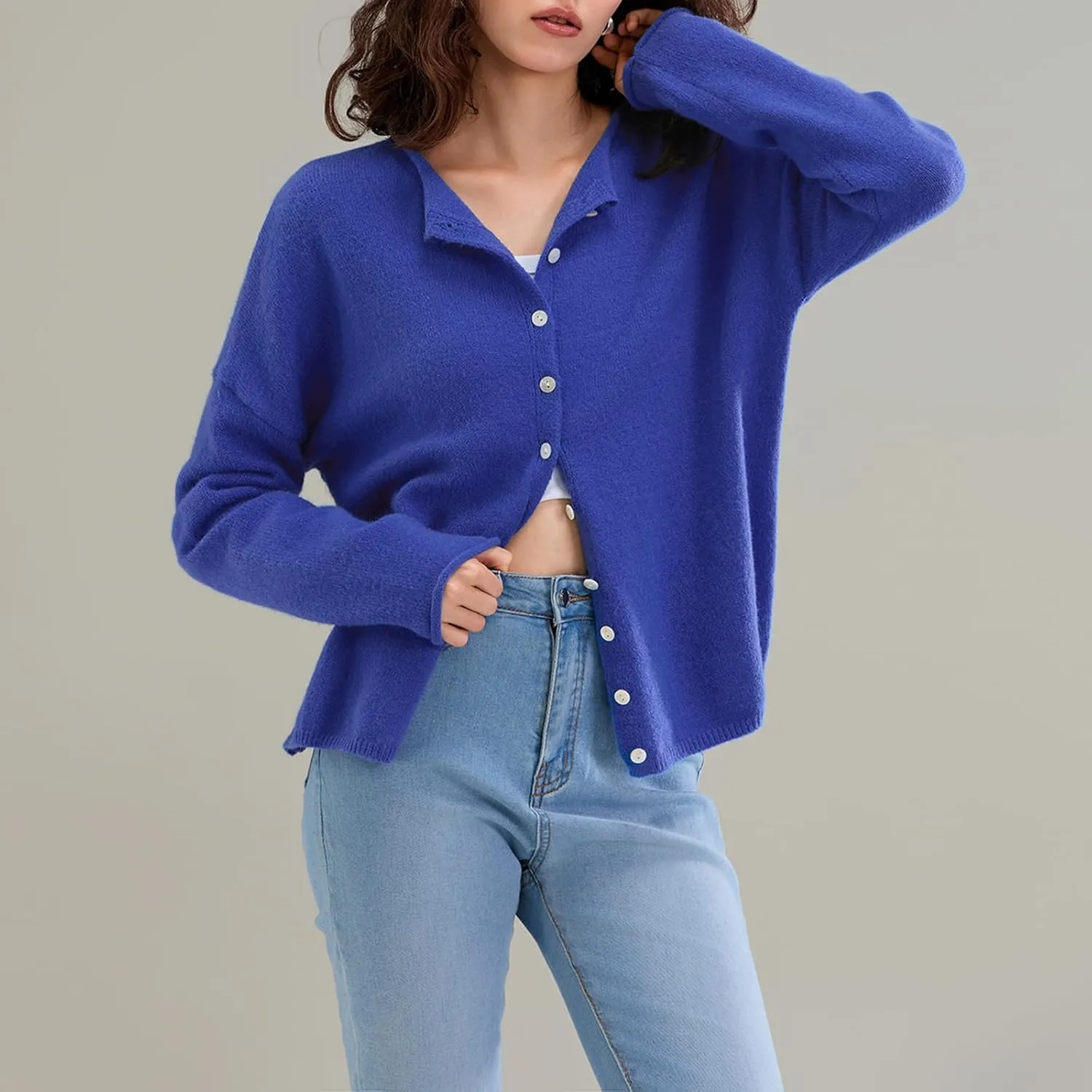 Women Casual Cardigan Sweater Lightweight Loose Crewneck Button Down Long Sleeve Basic Knit Tops