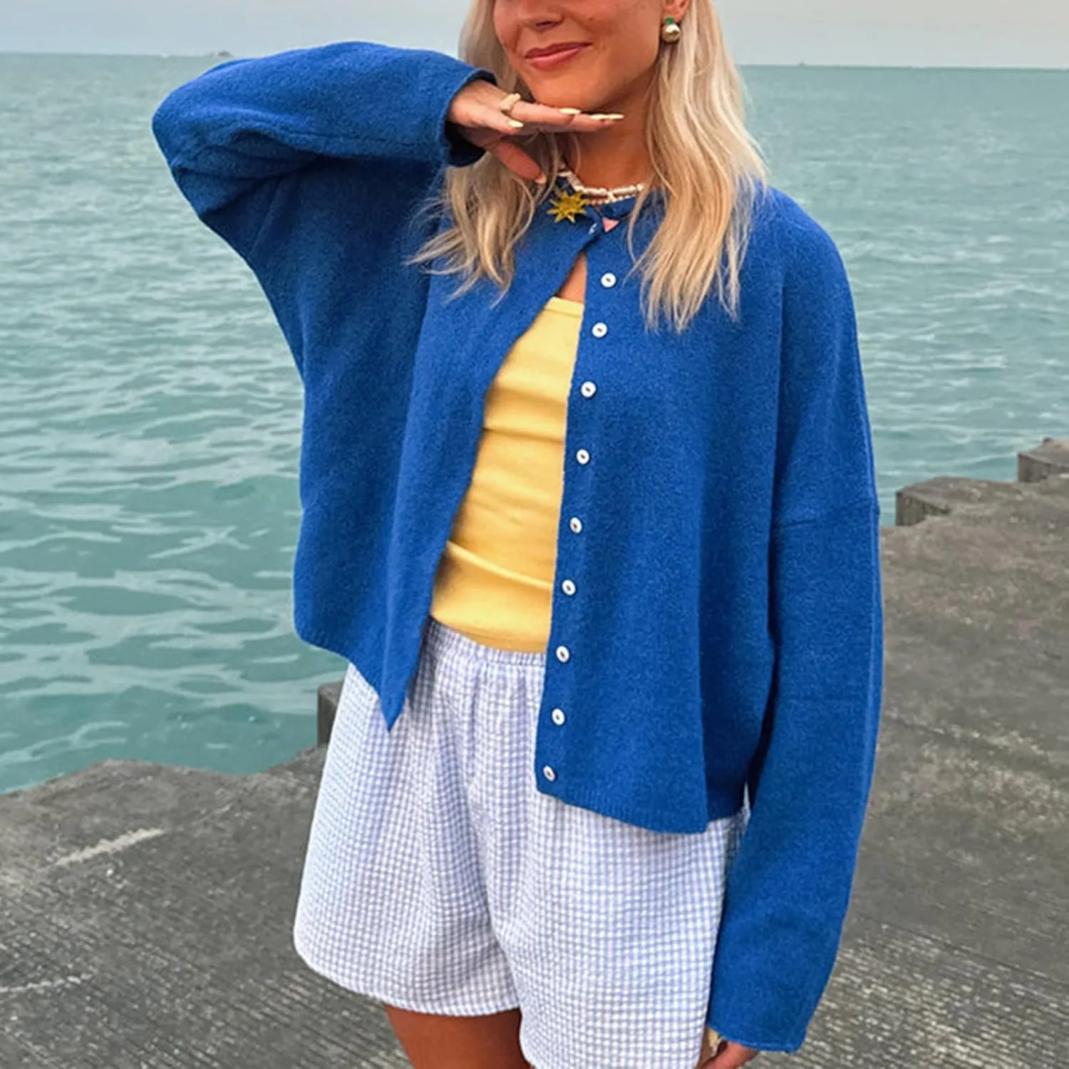 Women Casual Cardigan Sweaters Crewneck Button Down Knit Tops Going Out Lightweight Knitwear