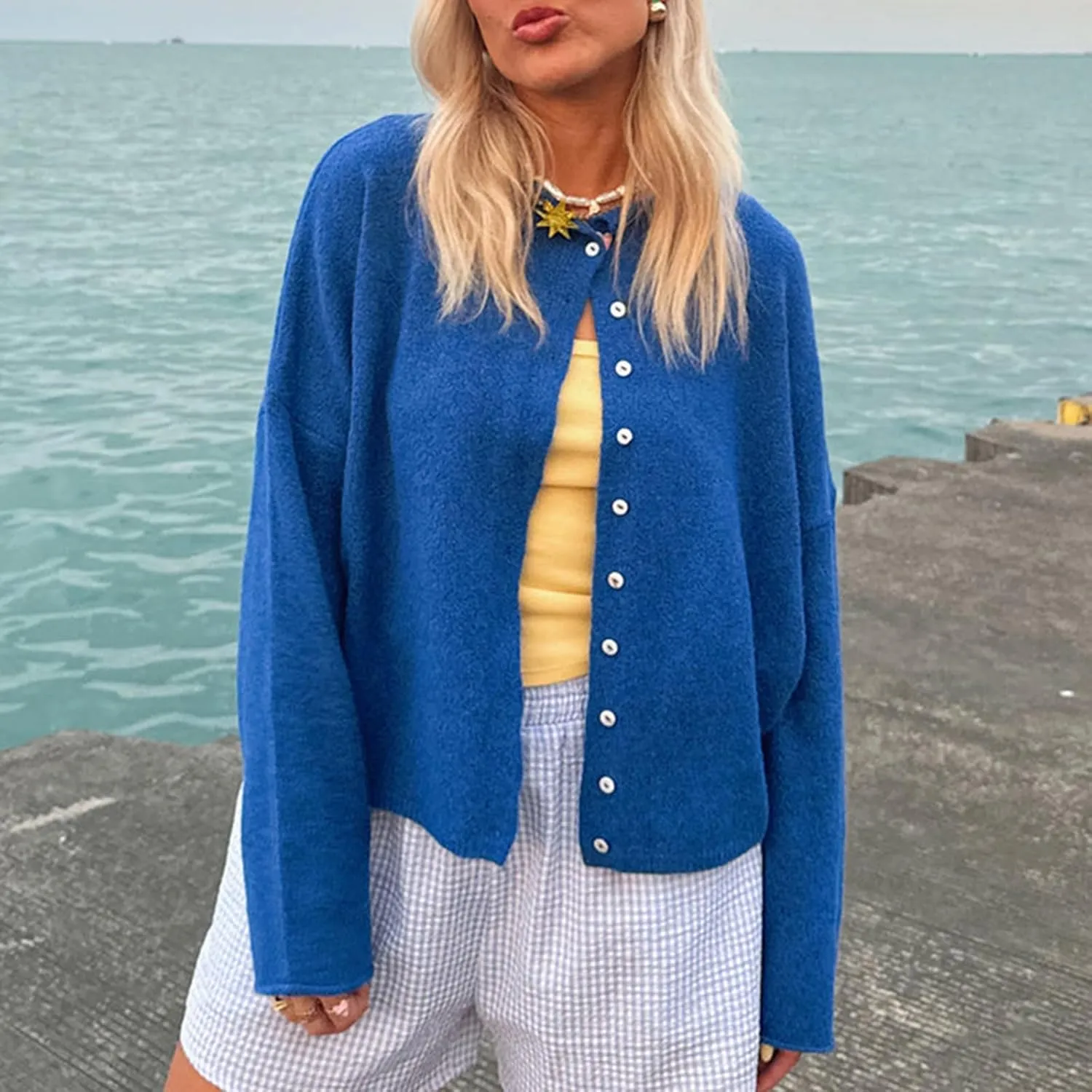 Women Casual Cardigan Sweaters Crewneck Button Down Knit Tops Going Out Lightweight Knitwear