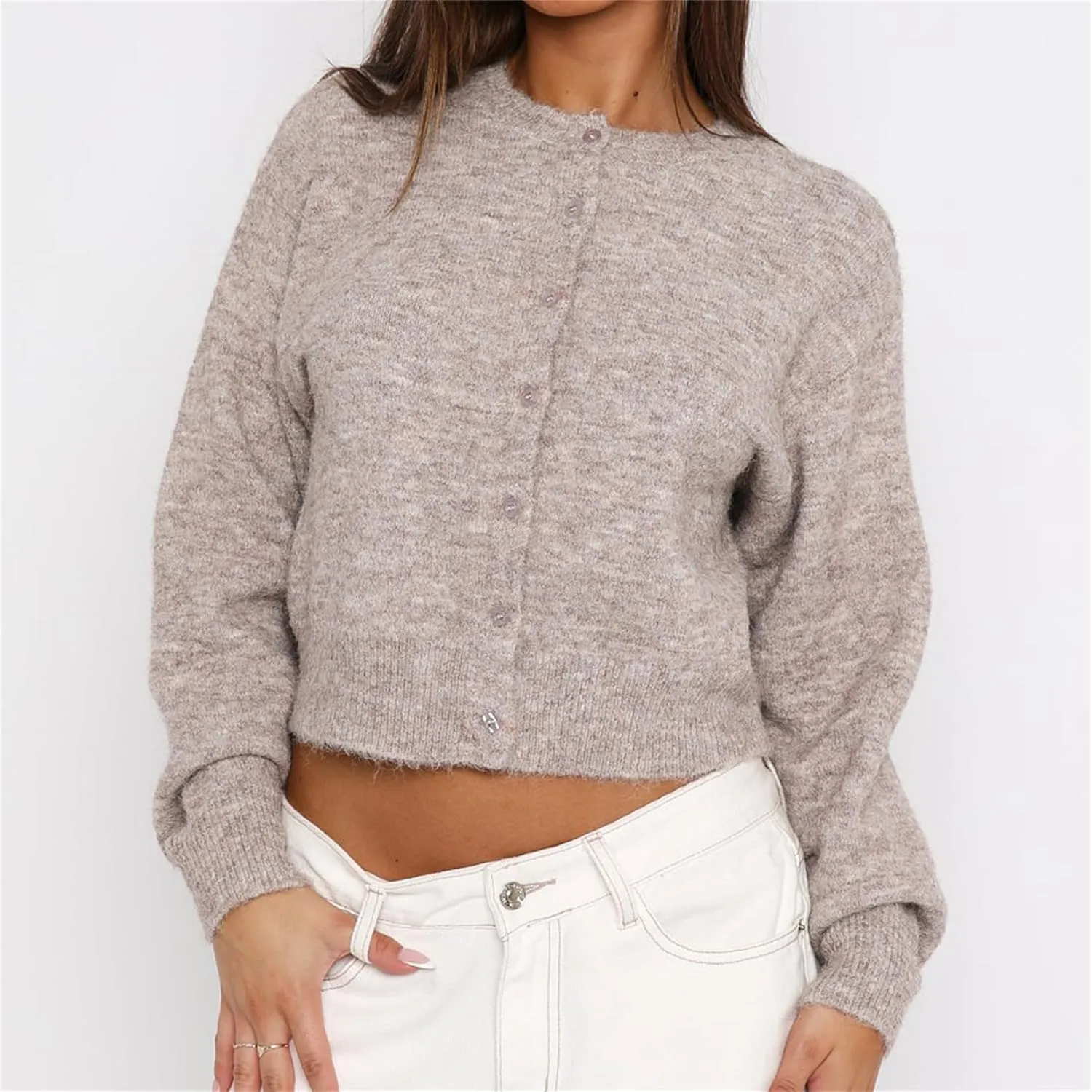 Women Casual Solid Long Sleeve Whispers Knit Cardigan Cute Y2k Crewneck Open Front Button Down Cropped Cardigan Sweater