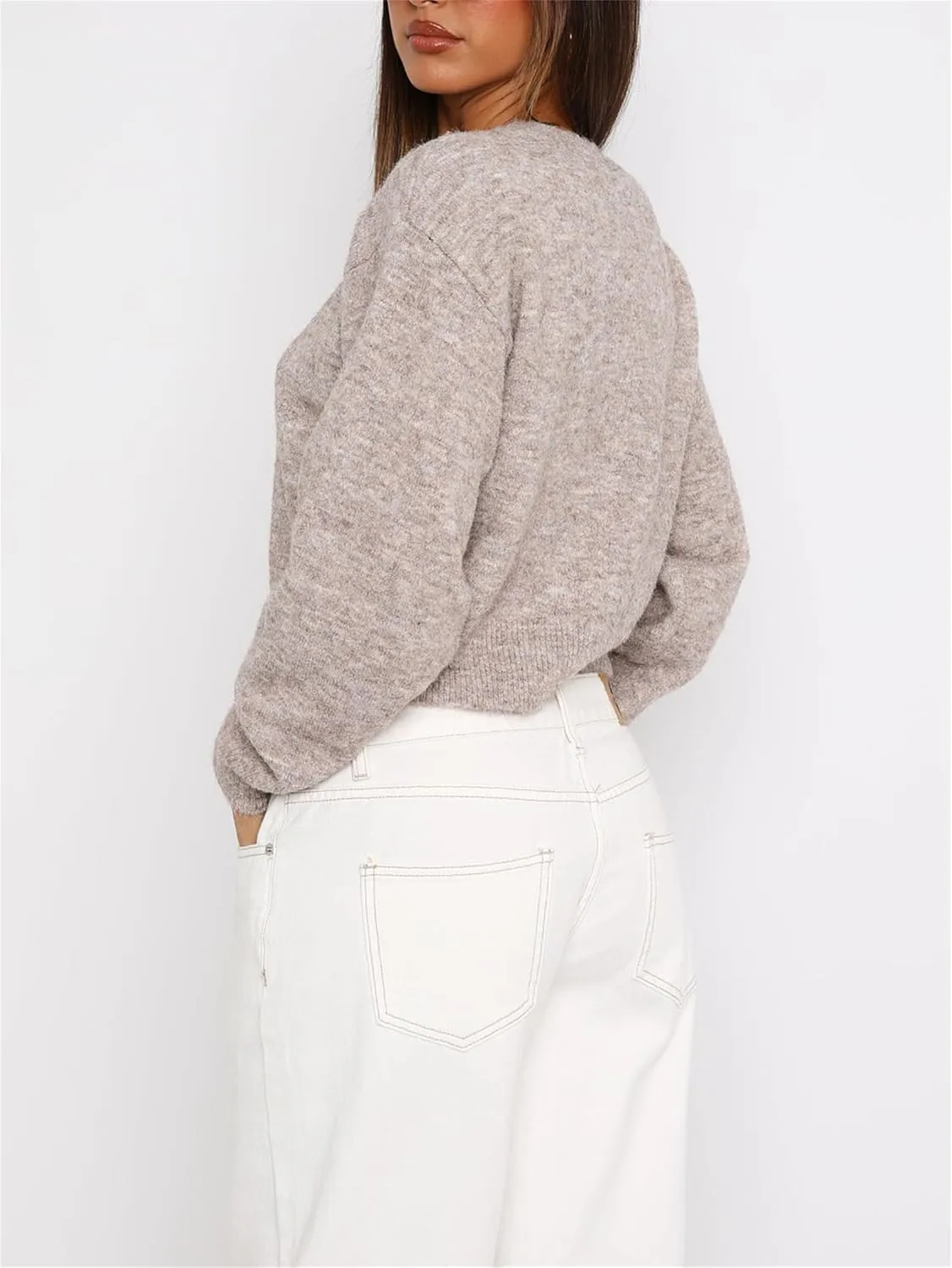 Women Casual Solid Long Sleeve Whispers Knit Cardigan Cute Y2k Crewneck Open Front Button Down Cropped Cardigan Sweater