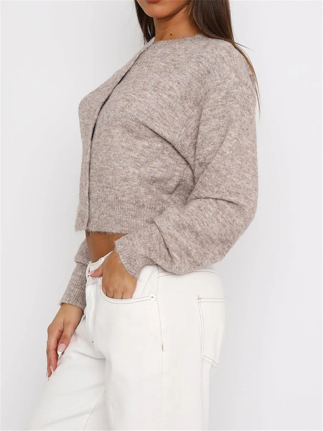 Women Casual Solid Long Sleeve Whispers Knit Cardigan Cute Y2k Crewneck Open Front Button Down Cropped Cardigan Sweater