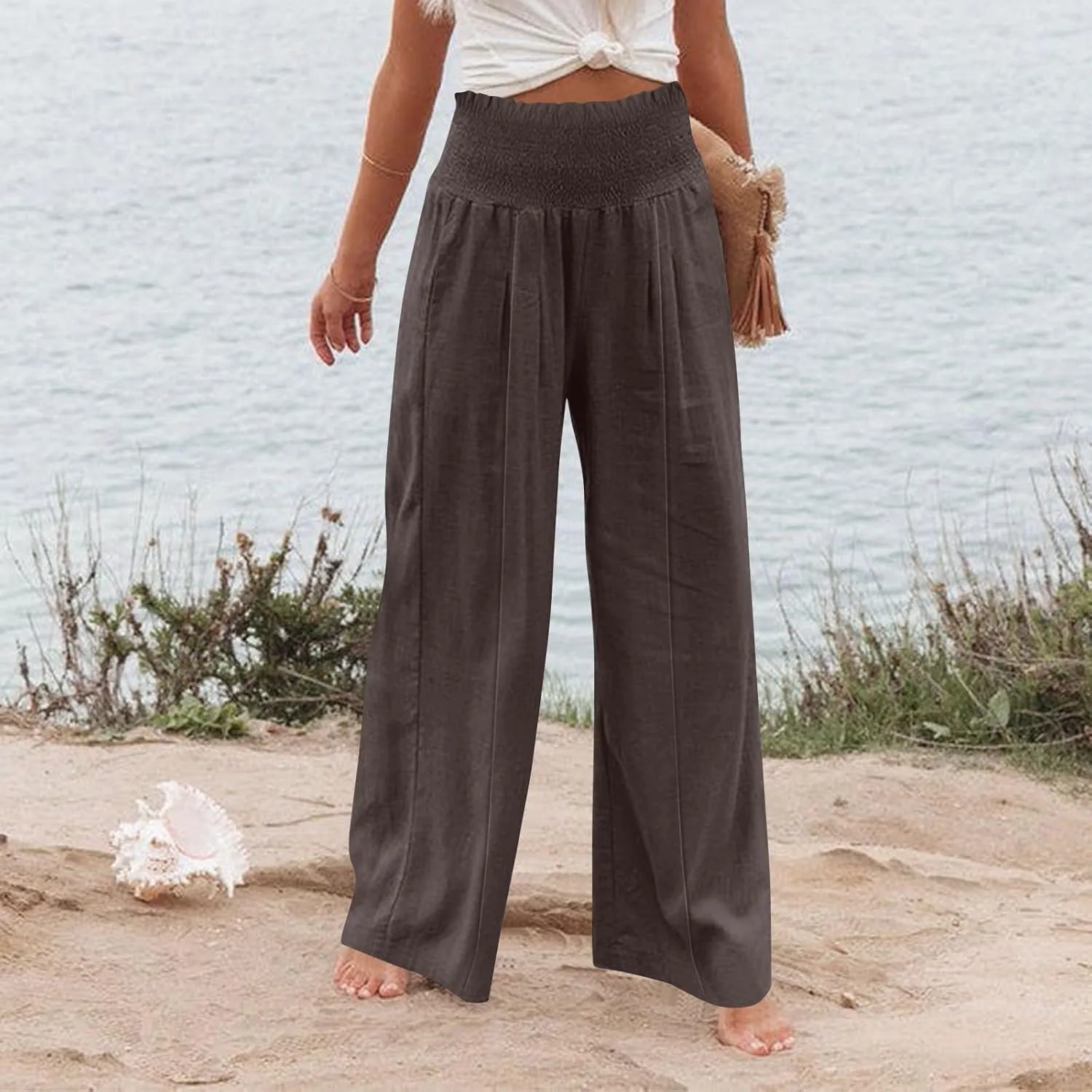 Women Cotton Linen Summer Fashion Palazzo Pants Elastic Waisted Stretchy Plus Size Palazzo Lounge Pants Beach