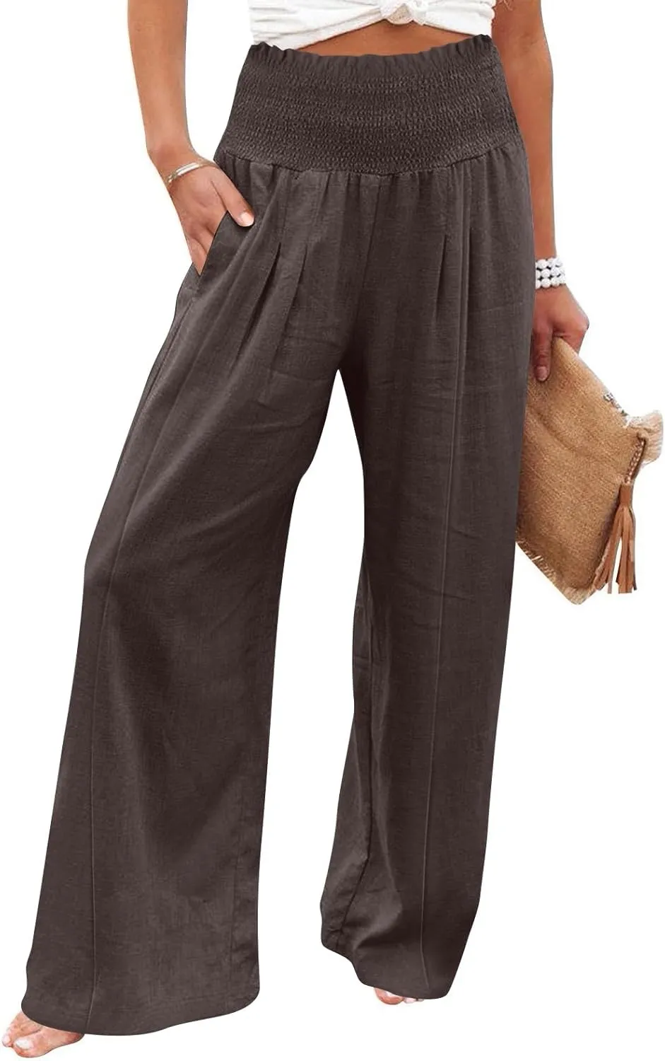 Women Cotton Linen Summer Fashion Palazzo Pants Elastic Waisted Stretchy Plus Size Palazzo Lounge Pants Beach