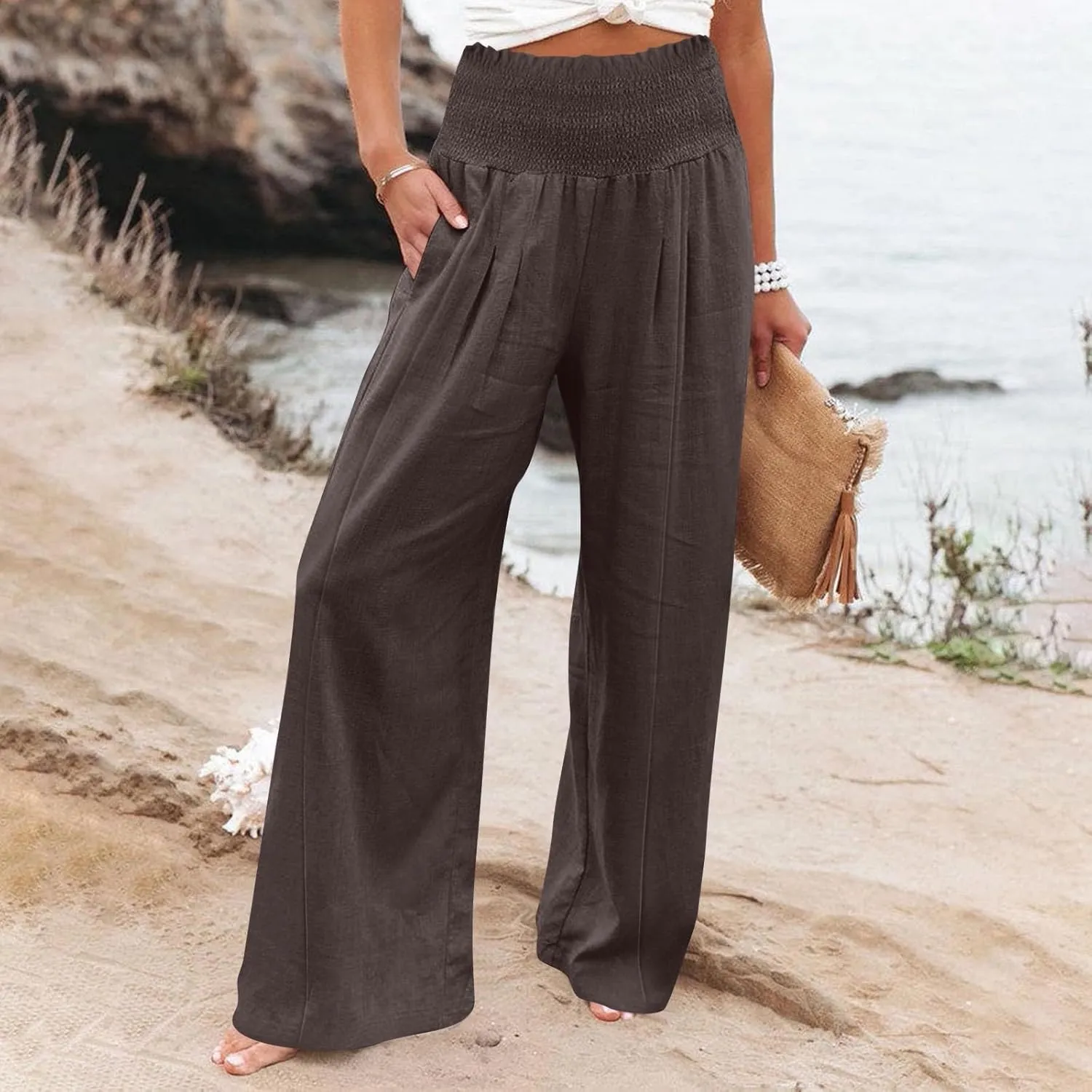 Women Cotton Linen Summer Fashion Palazzo Pants Elastic Waisted Stretchy Plus Size Palazzo Lounge Pants Beach