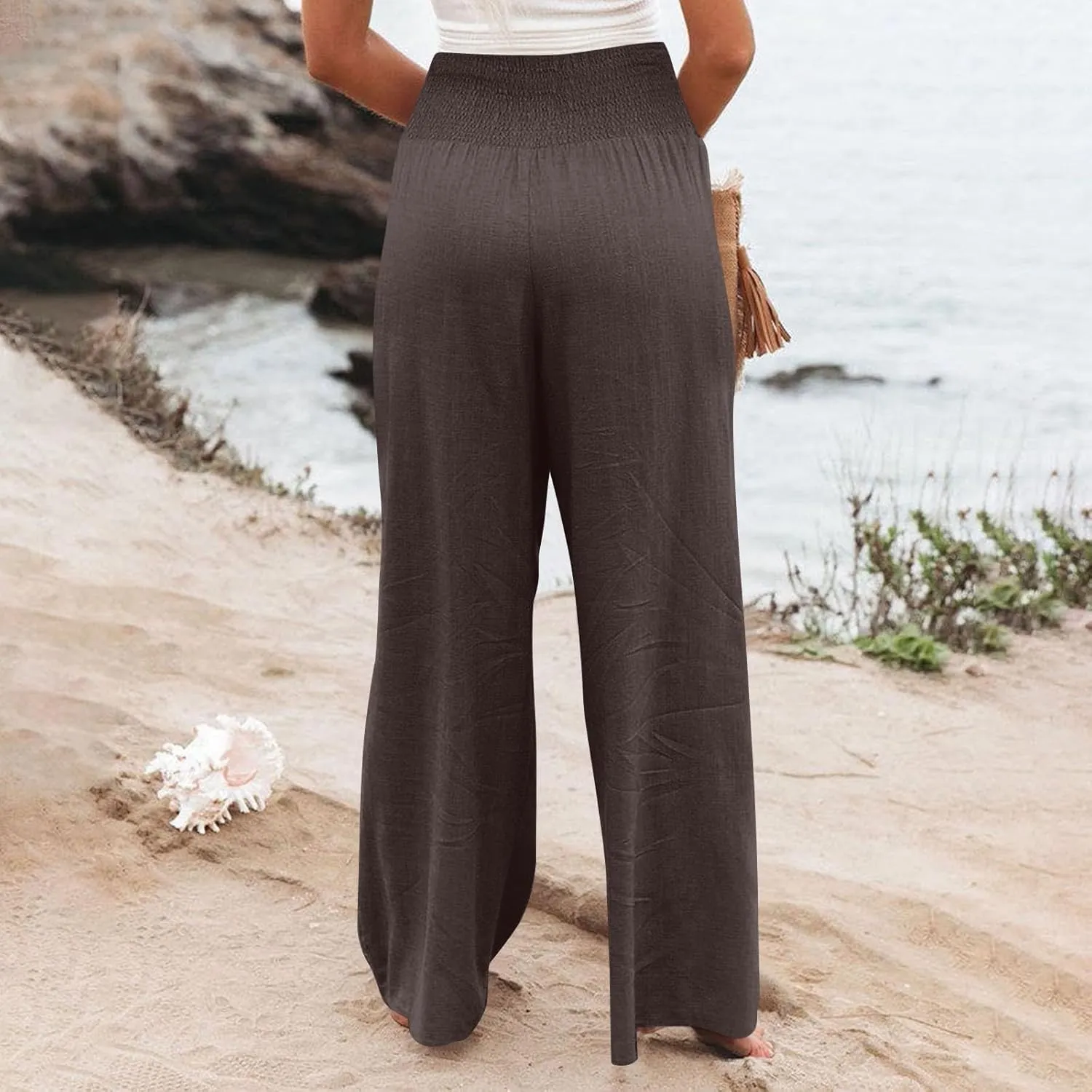 Women Cotton Linen Summer Fashion Palazzo Pants Elastic Waisted Stretchy Plus Size Palazzo Lounge Pants Beach