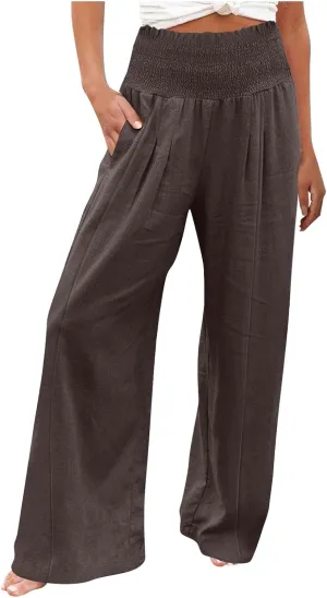 Women Cotton Linen Summer Fashion Palazzo Pants Elastic Waisted Stretchy Plus Size Palazzo Lounge Pants Beach