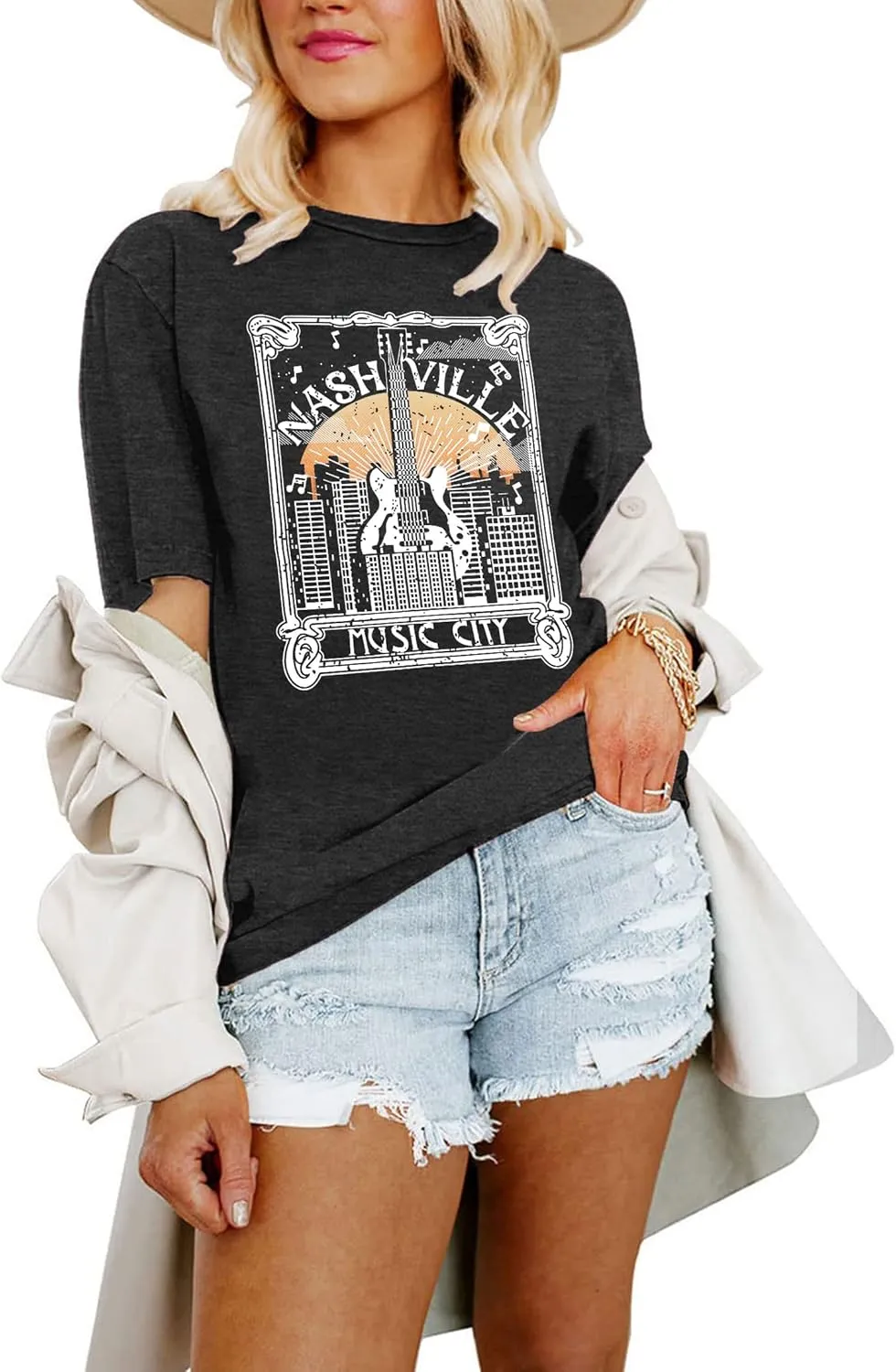 Women Country Music Shirts Nashville Concert Outfit Vintage Guitar Music City Tshirts Short Sleeve Summer Tees Tops