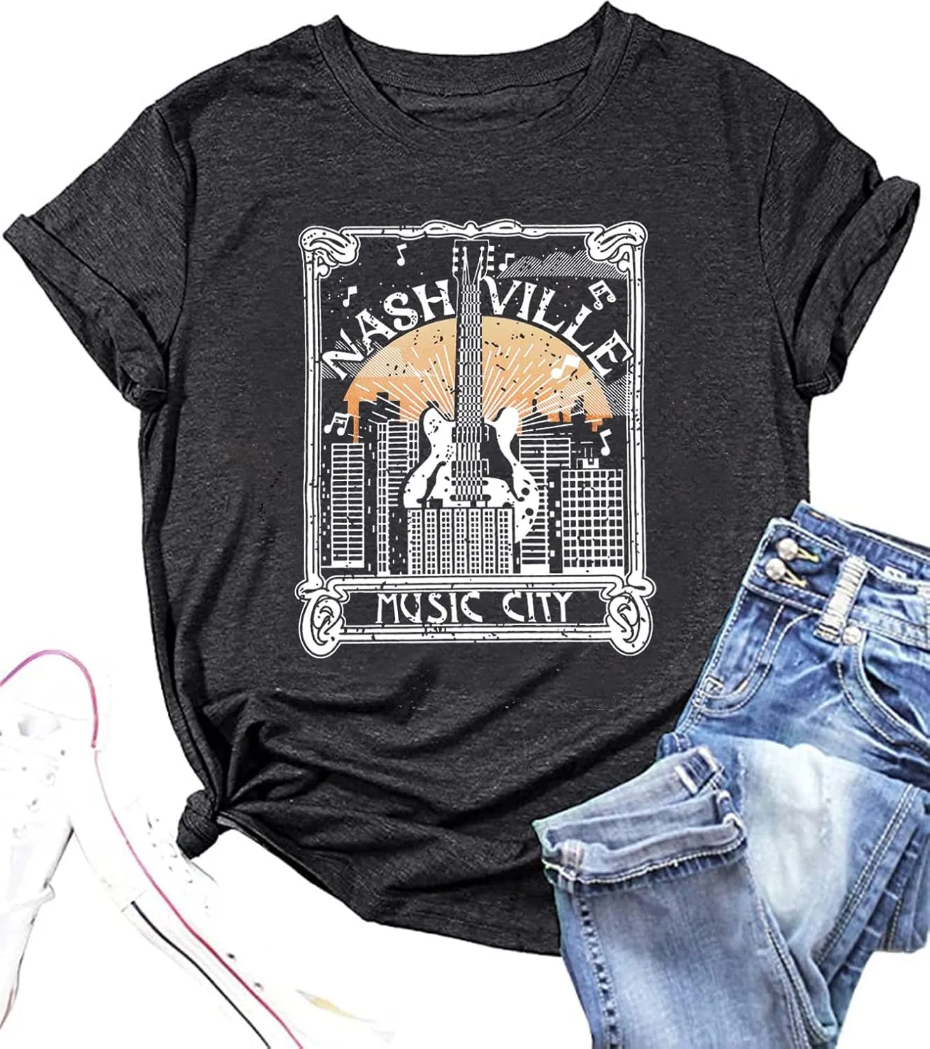 Women Country Music Shirts Nashville Concert Outfit Vintage Guitar Music City Tshirts Short Sleeve Summer Tees Tops