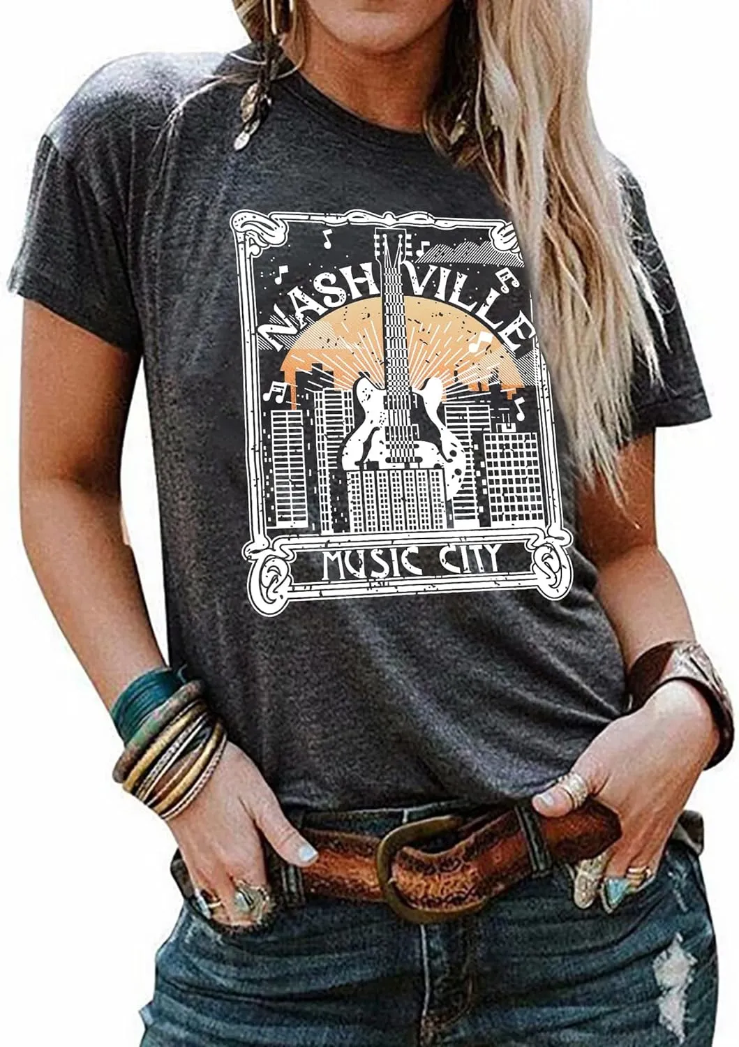 Women Country Music Shirts Nashville Concert Outfit Vintage Guitar Music City Tshirts Short Sleeve Summer Tees Tops