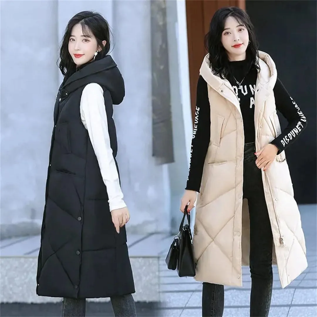 Women Down Cotton Vest Long Knee Hooded Warm Sleeveless Jacket Waistcoat Cotton Padded Coat