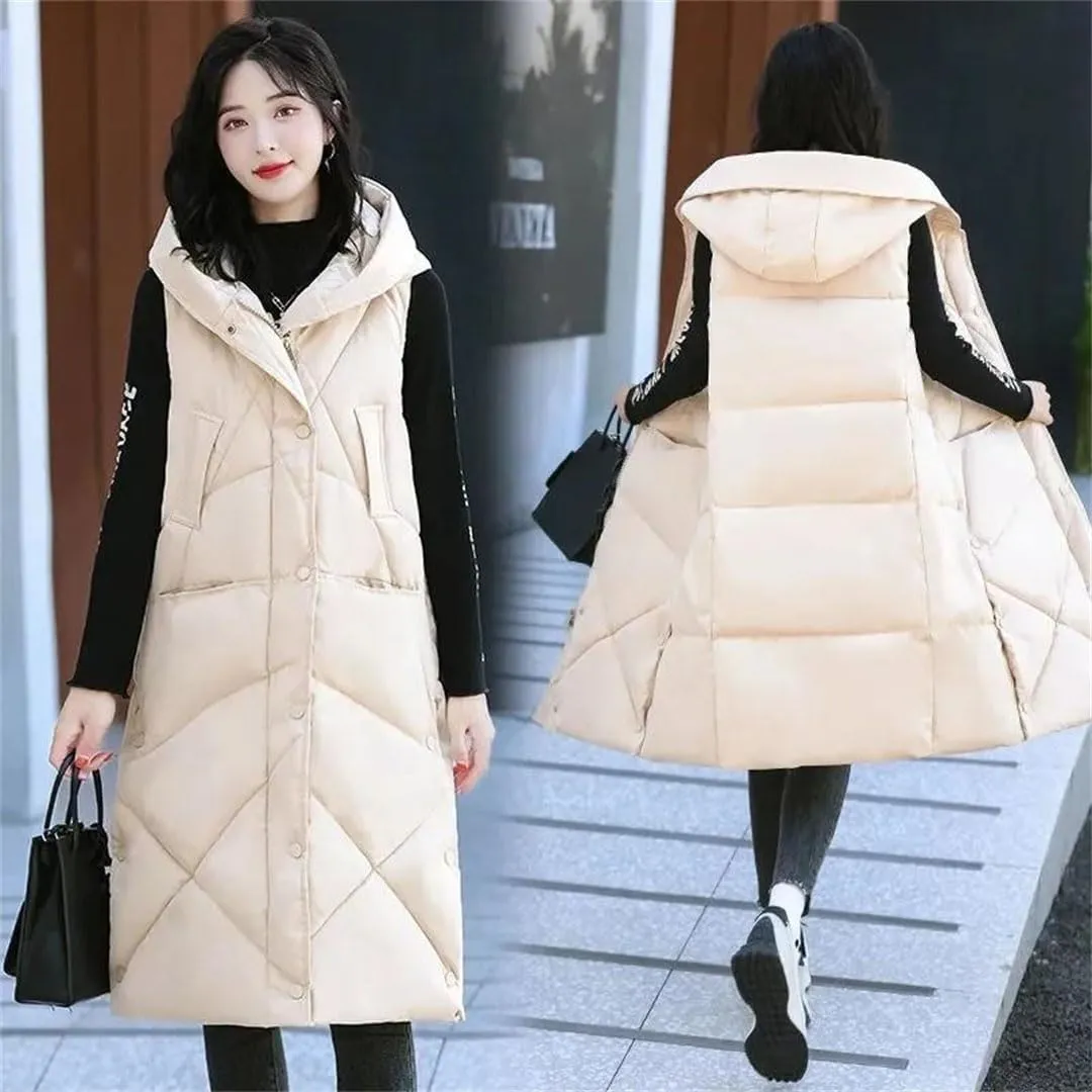 Women Down Cotton Vest Long Knee Hooded Warm Sleeveless Jacket Waistcoat Cotton Padded Coat