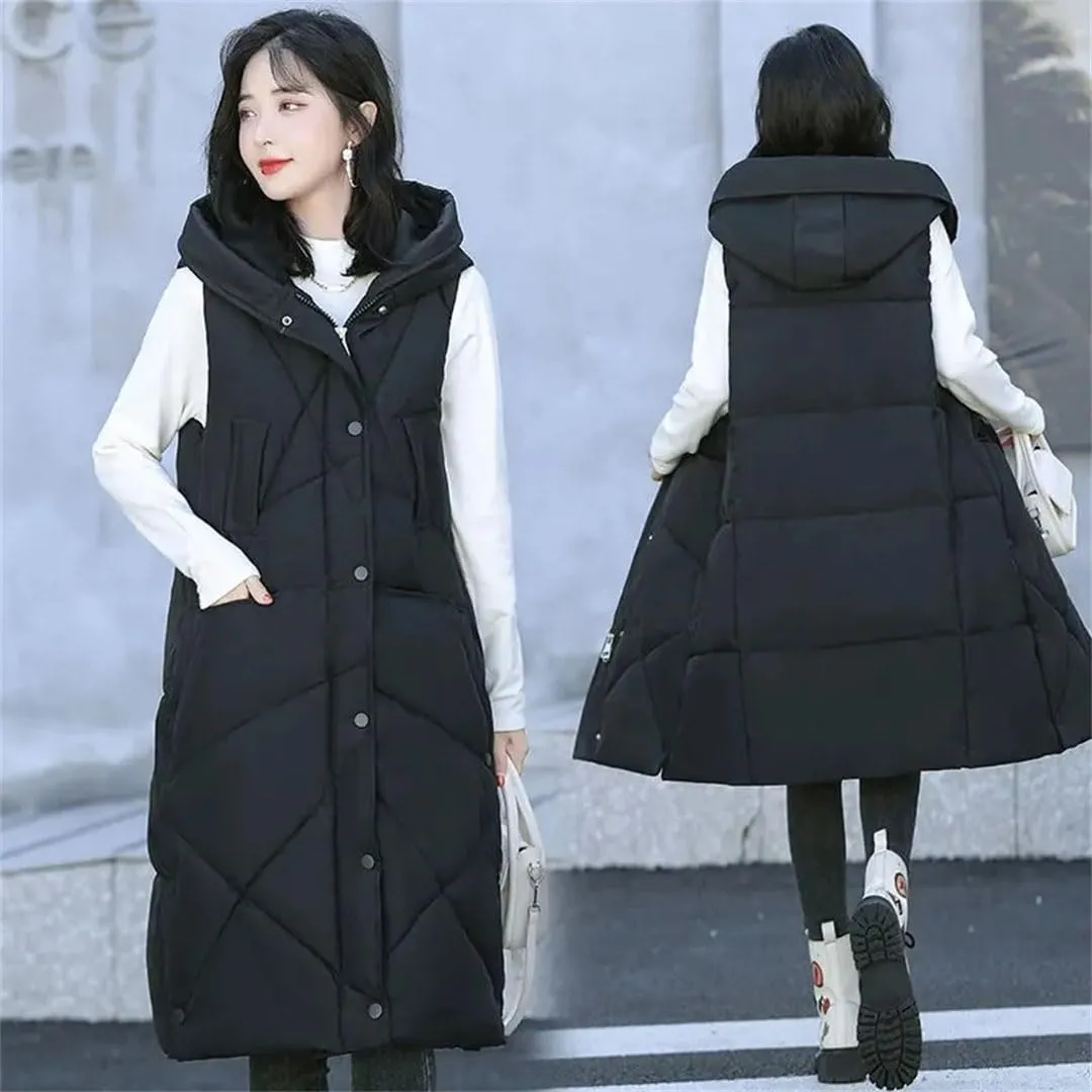 Women Down Cotton Vest Long Knee Hooded Warm Sleeveless Jacket Waistcoat Cotton Padded Coat