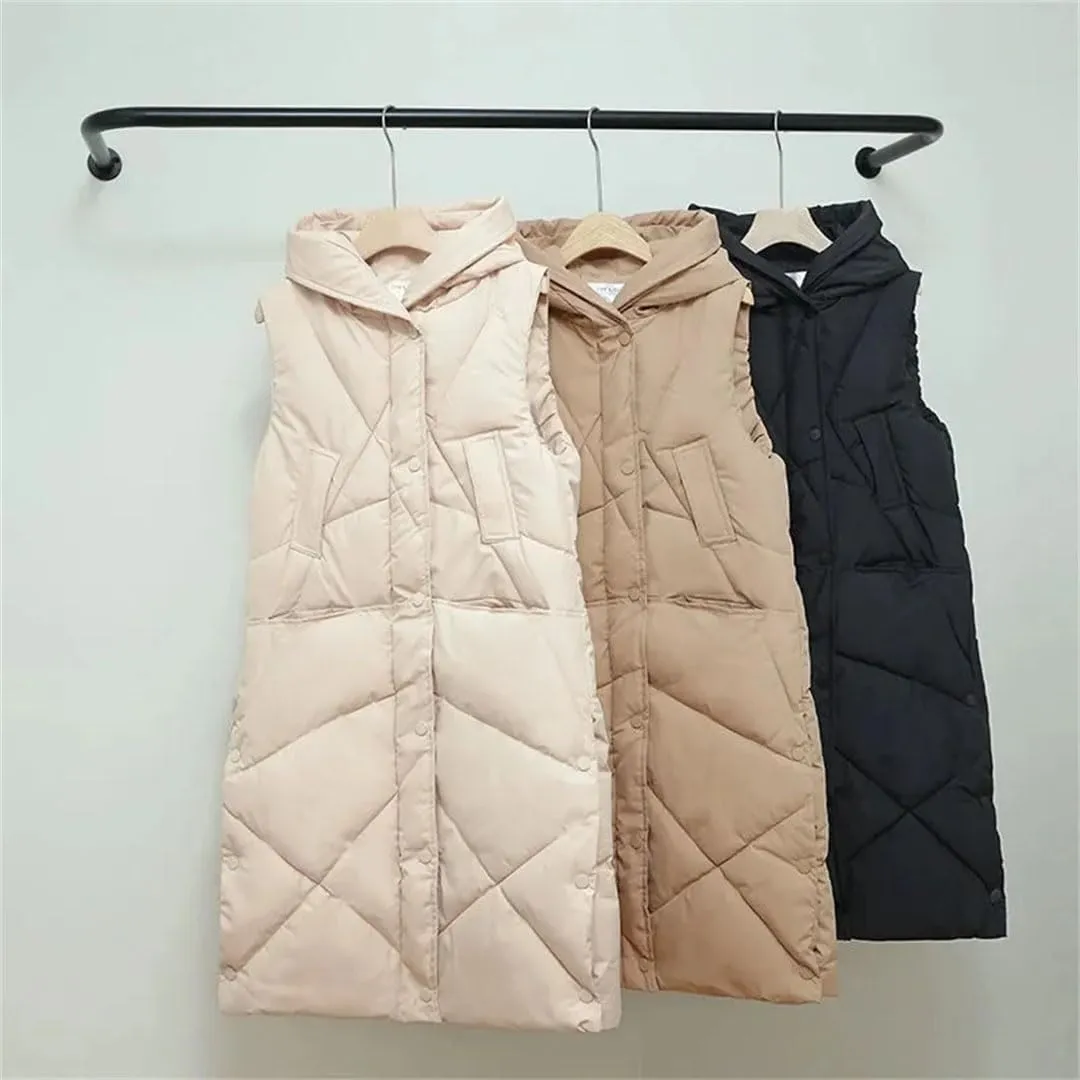 Women Down Cotton Vest Long Knee Hooded Warm Sleeveless Jacket Waistcoat Cotton Padded Coat