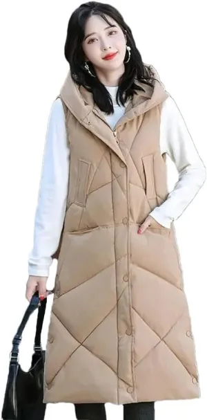 Women Down Cotton Vest Long Knee Hooded Warm Sleeveless Jacket Waistcoat Cotton Padded Coat