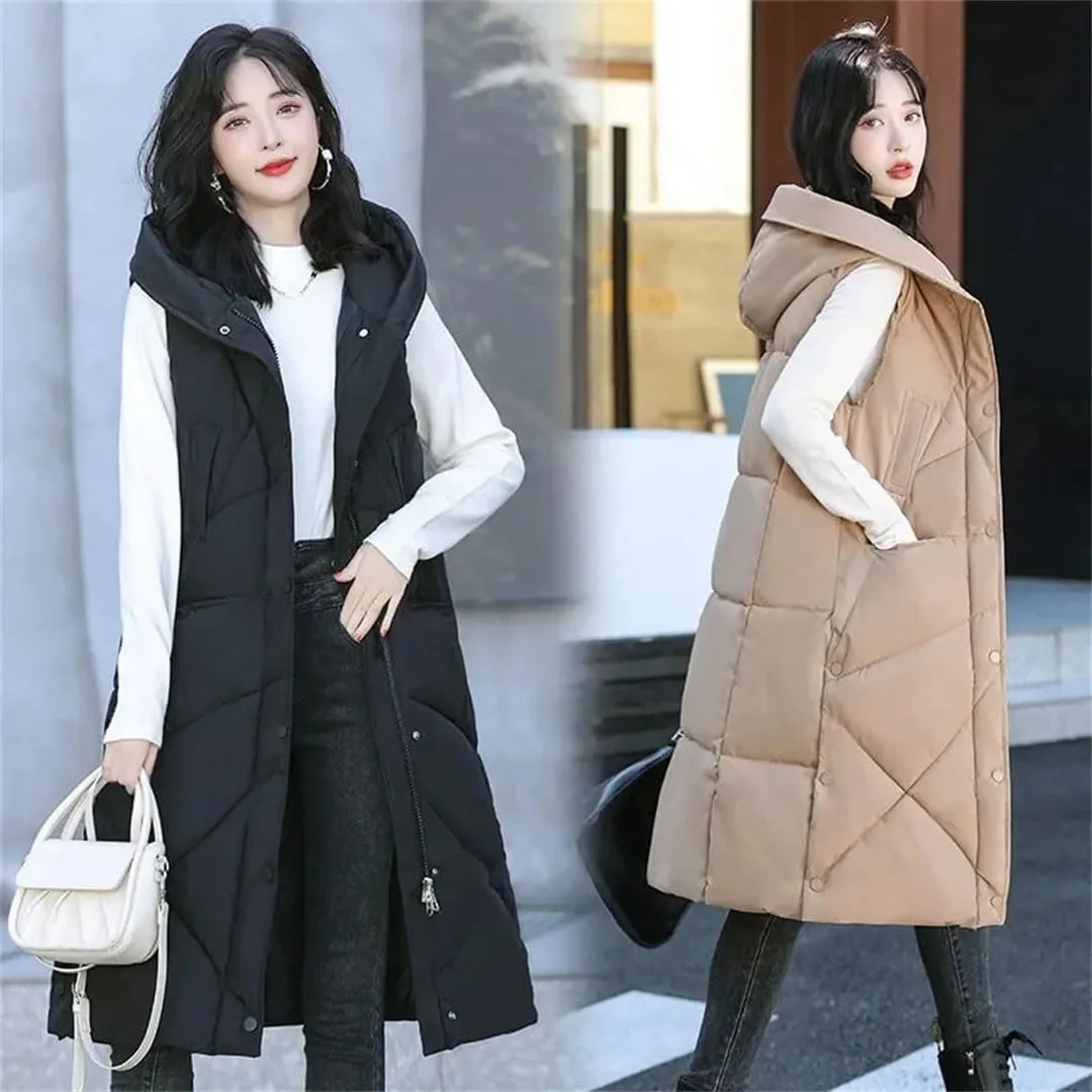 Women Down Cotton Vest Long Knee Hooded Warm Sleeveless Jacket Waistcoat Cotton Padded Coat