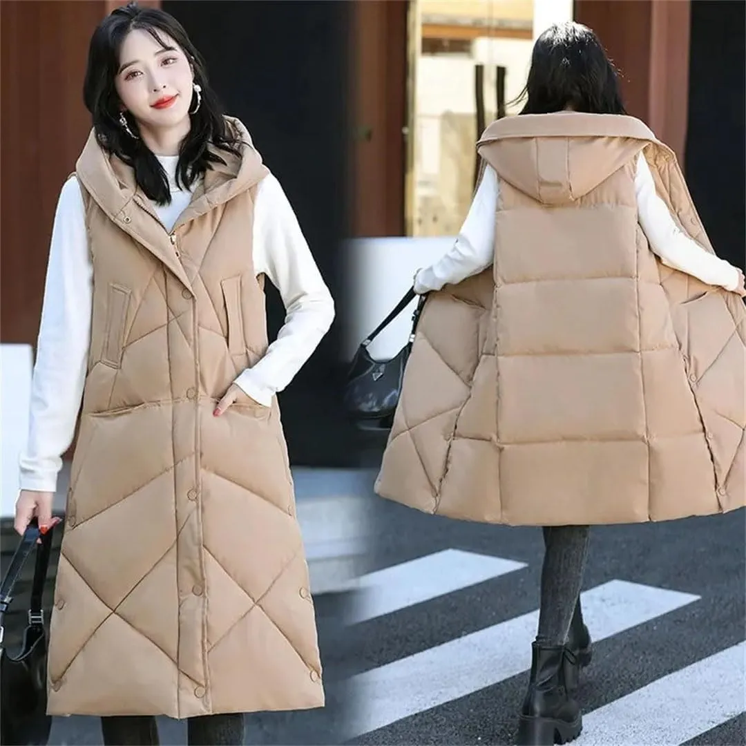 Women Down Cotton Vest Long Knee Hooded Warm Sleeveless Jacket Waistcoat Cotton Padded Coat