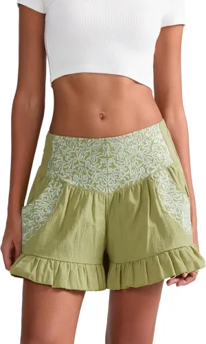 Women Embroidered Floral Shorts Cute Ruched Pleated Ruffle Mini Shorts Casual Color Block Puff Skorts with Pockets