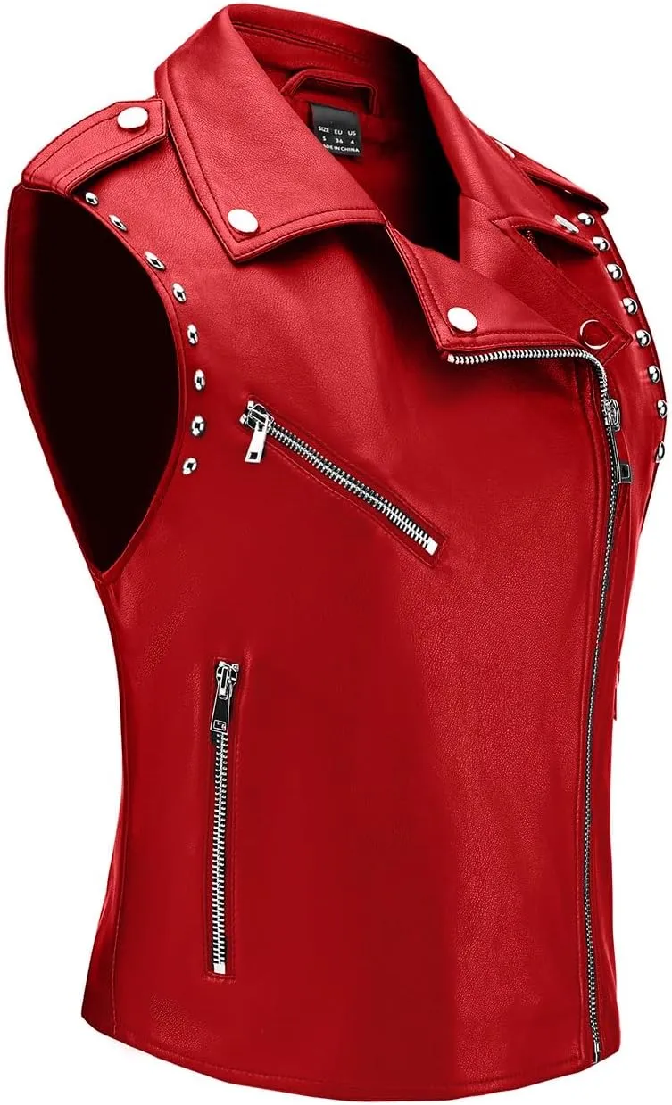 Women Faux Leather Vest Rivet Moto Biker Vest Pu Leather Motorcycle Waistcoat