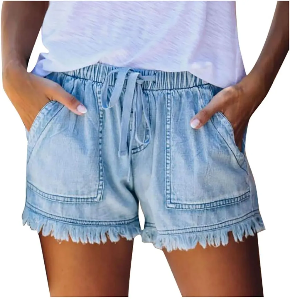 Women Jean Shorts Elastic Waist Drawstring Denim Shorts Summer Casual Raw Hem Distressed Jeans Short with Pockets