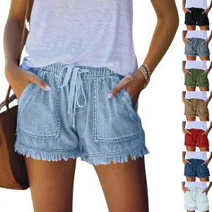Women Jean Shorts Elastic Waist Drawstring Denim Shorts Summer Casual Raw Hem Distressed Jeans Short with Pockets