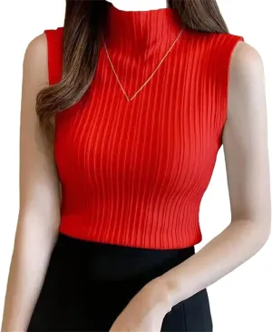 Women Knitted Camisole Wear Half High Neck Bottoming Shirt Short Knitwear Tight Sleeveless Top