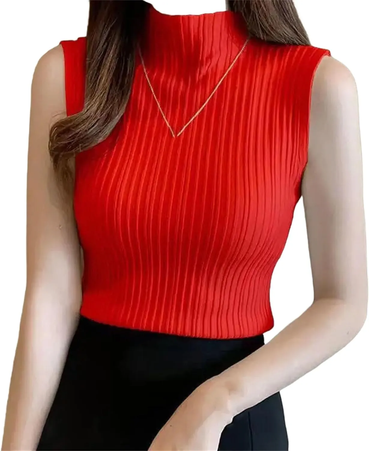 Women Knitted Camisole Wear Half High Neck Bottoming Shirt Short Knitwear Tight Sleeveless Top