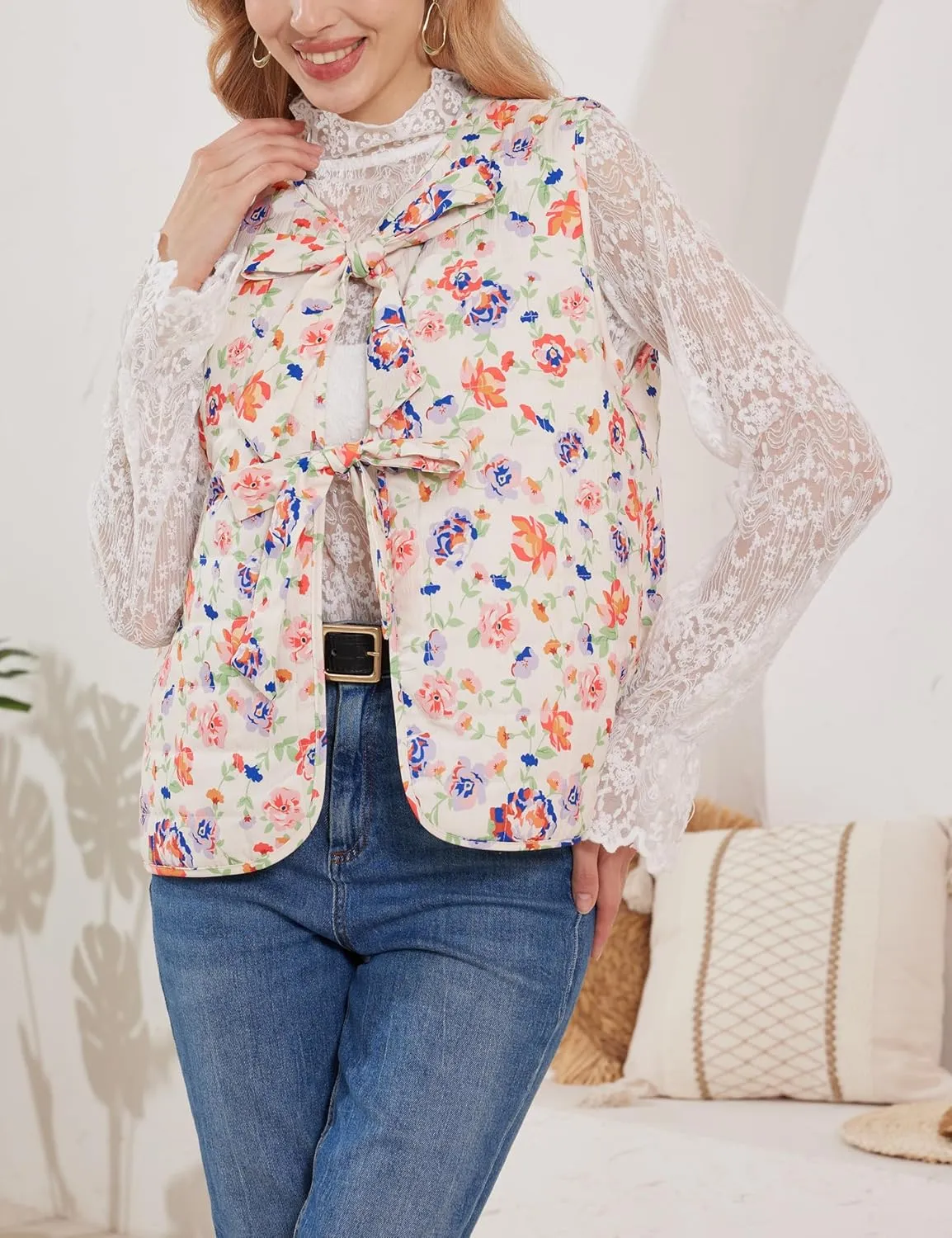 Women Leopard Puffer Vest Floral Print Quilted Jacket Tie Front Sleeveless Padded Gilet