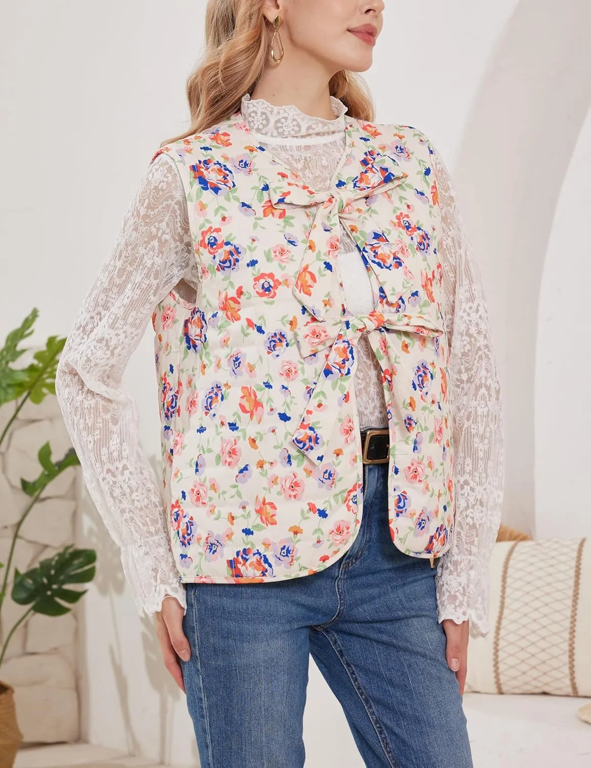 Women Leopard Puffer Vest Floral Print Quilted Jacket Tie Front Sleeveless Padded Gilet