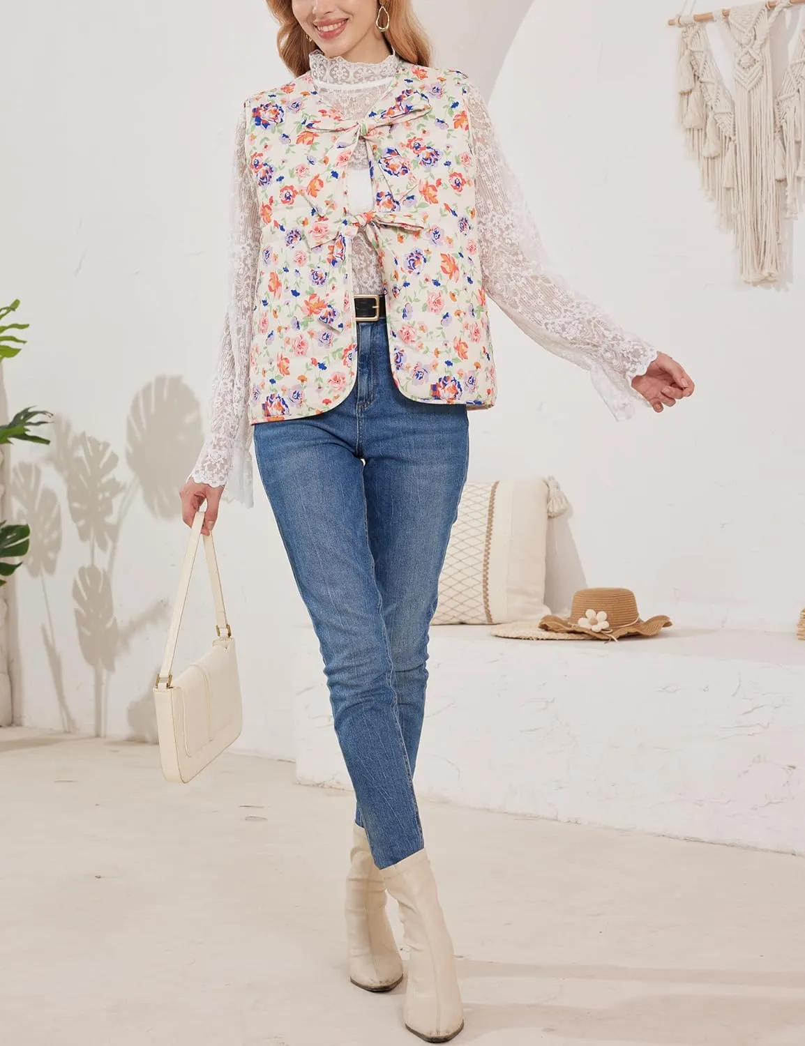 Women Leopard Puffer Vest Floral Print Quilted Jacket Tie Front Sleeveless Padded Gilet