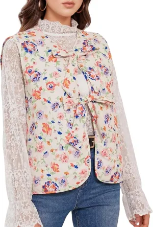 Women Leopard Puffer Vest Floral Print Quilted Jacket Tie Front Sleeveless Padded Gilet