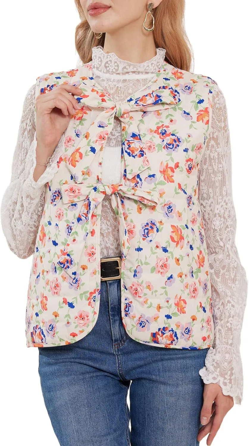 Women Leopard Puffer Vest Floral Print Quilted Jacket Tie Front Sleeveless Padded Gilet