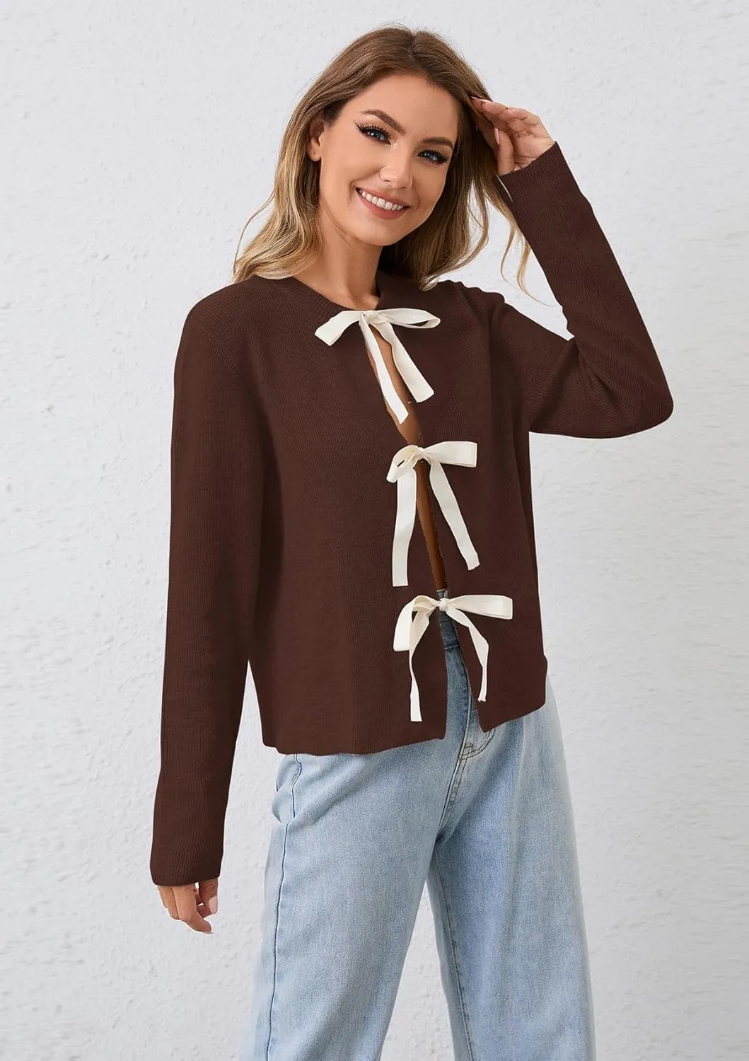 Women Long Sleeve Bow Tie Front Cardigan Sweater Open Front Knit Pullover Tops Casual 2024 Fall Winter