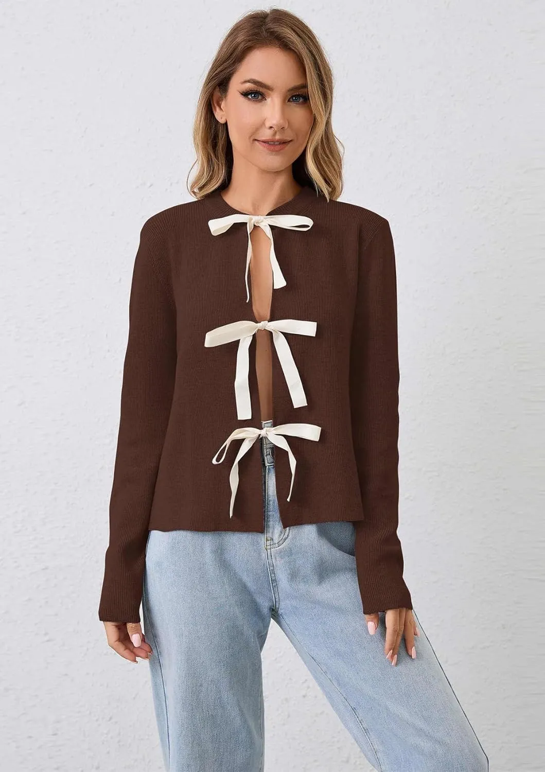 Women Long Sleeve Bow Tie Front Cardigan Sweater Open Front Knit Pullover Tops Casual 2024 Fall Winter