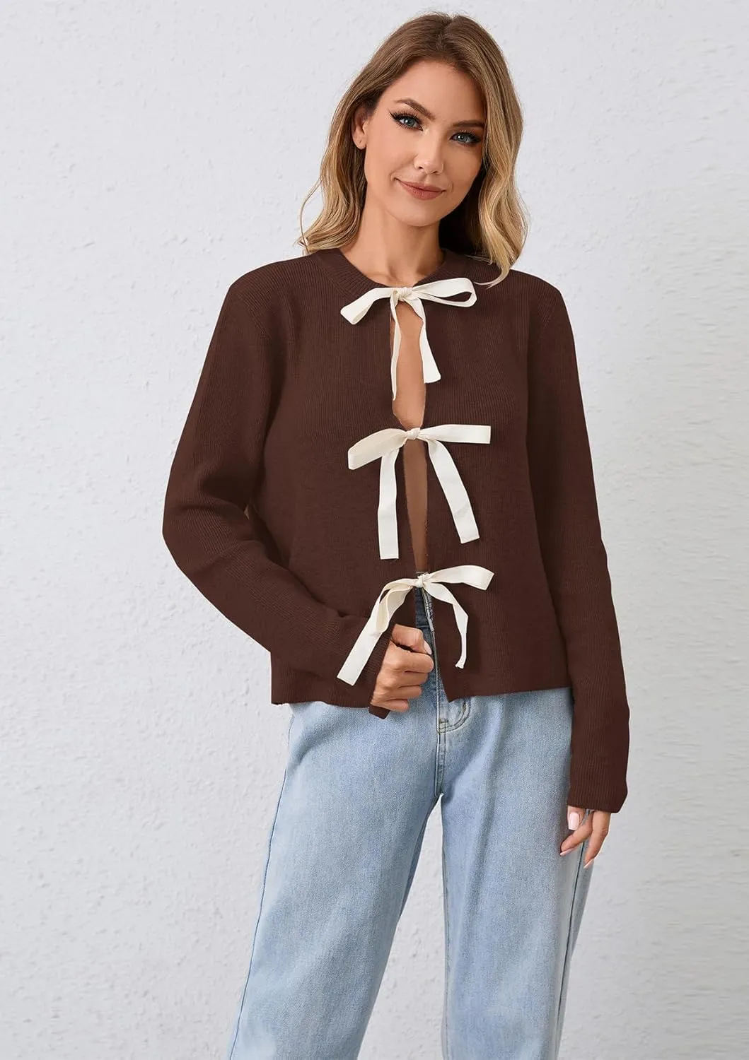 Women Long Sleeve Bow Tie Front Cardigan Sweater Open Front Knit Pullover Tops Casual 2024 Fall Winter