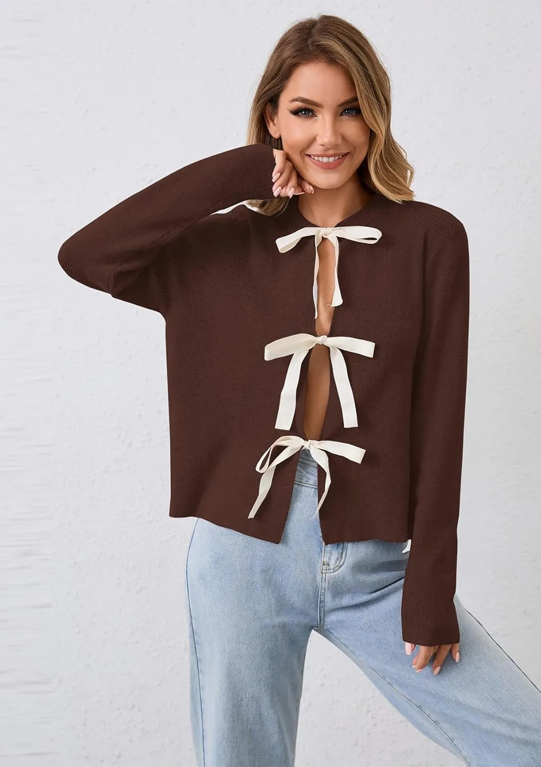 Women Long Sleeve Bow Tie Front Cardigan Sweater Open Front Knit Pullover Tops Casual 2024 Fall Winter