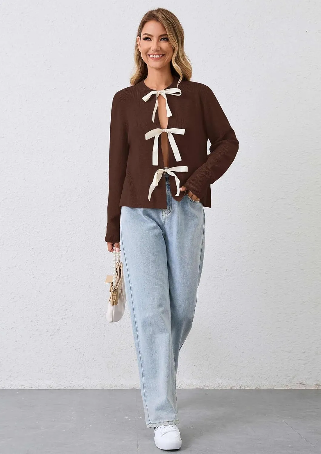Women Long Sleeve Bow Tie Front Cardigan Sweater Open Front Knit Pullover Tops Casual 2024 Fall Winter