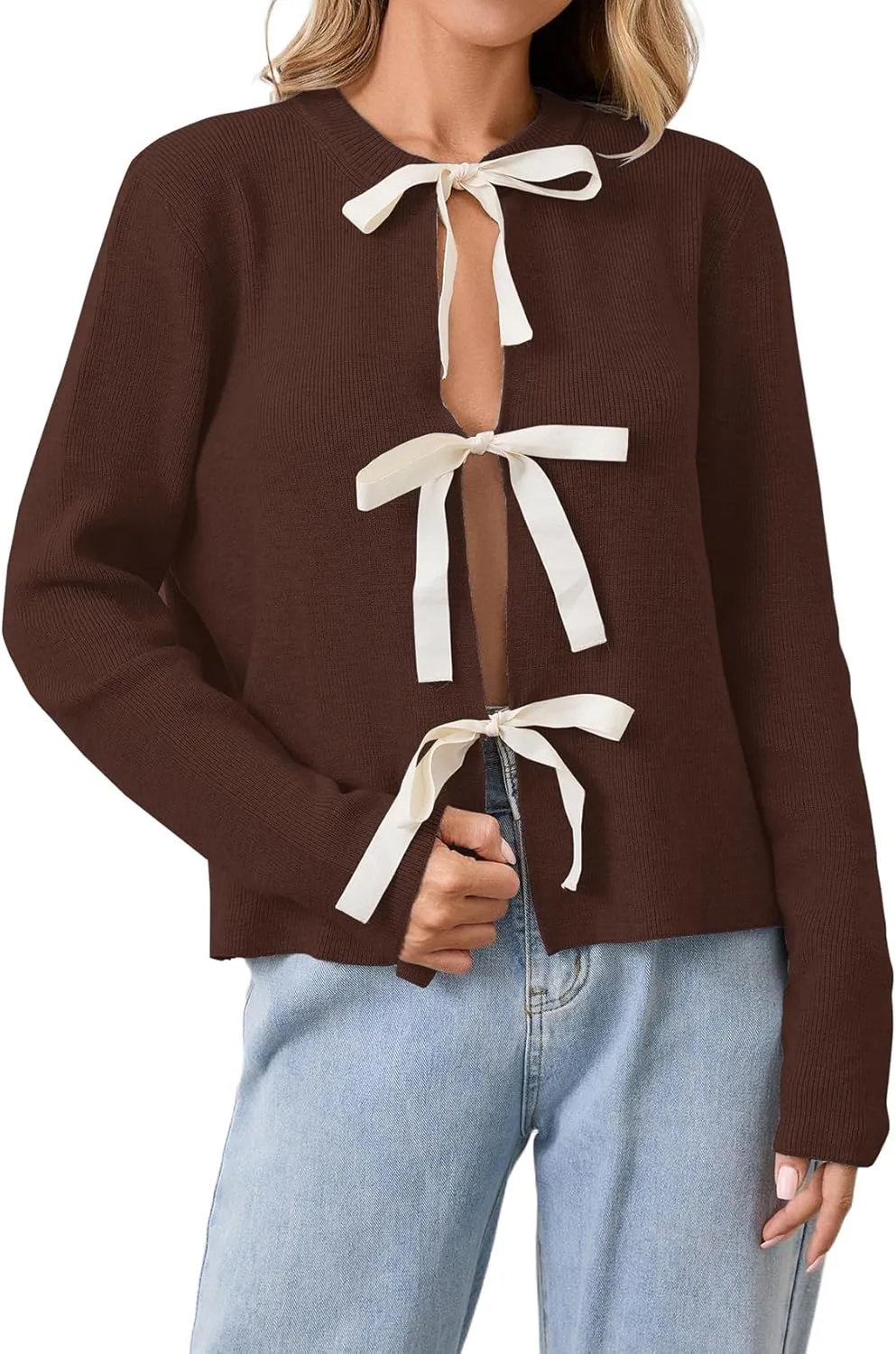 Women Long Sleeve Bow Tie Front Cardigan Sweater Open Front Knit Pullover Tops Casual 2024 Fall Winter
