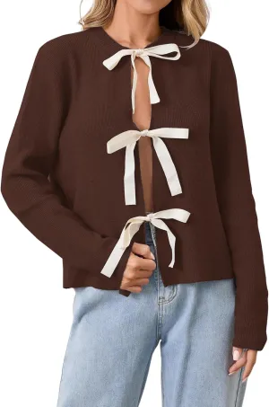 Women Long Sleeve Bow Tie Front Cardigan Sweater Open Front Knit Pullover Tops Casual 2024 Fall Winter