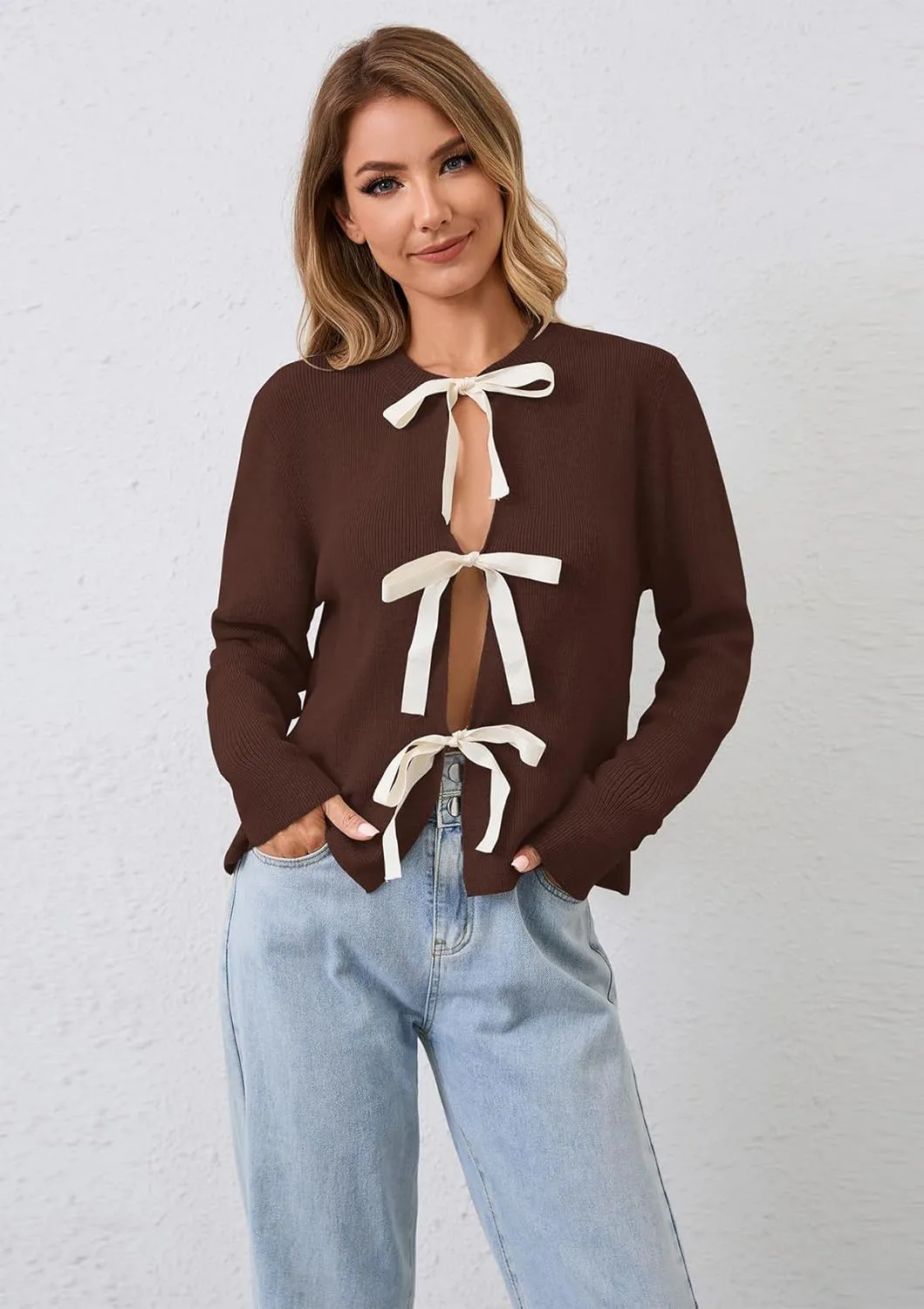 Women Long Sleeve Bow Tie Front Cardigan Sweater Open Front Knit Pullover Tops Casual 2024 Fall Winter