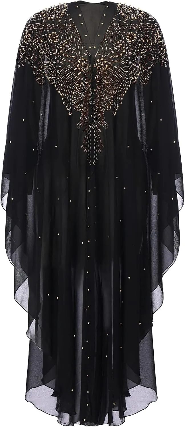 Women Muslim Cardigan Hijab Dress Batwing Hot Drilling Chiffon Kimono Islam Kaftan Robe African Dresses