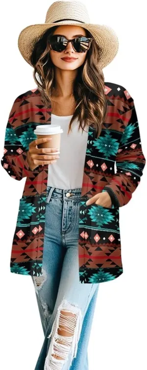 Women Open Front Ethnic Style Aztec Cardigan Tribal Aztec Printed Long Sleeve Casual Loose Coat