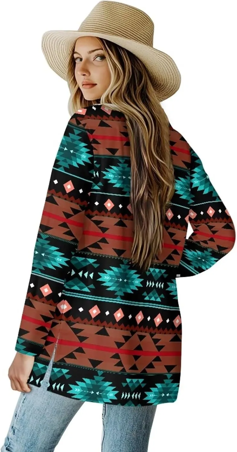 Women Open Front Ethnic Style Aztec Cardigan Tribal Aztec Printed Long Sleeve Casual Loose Coat