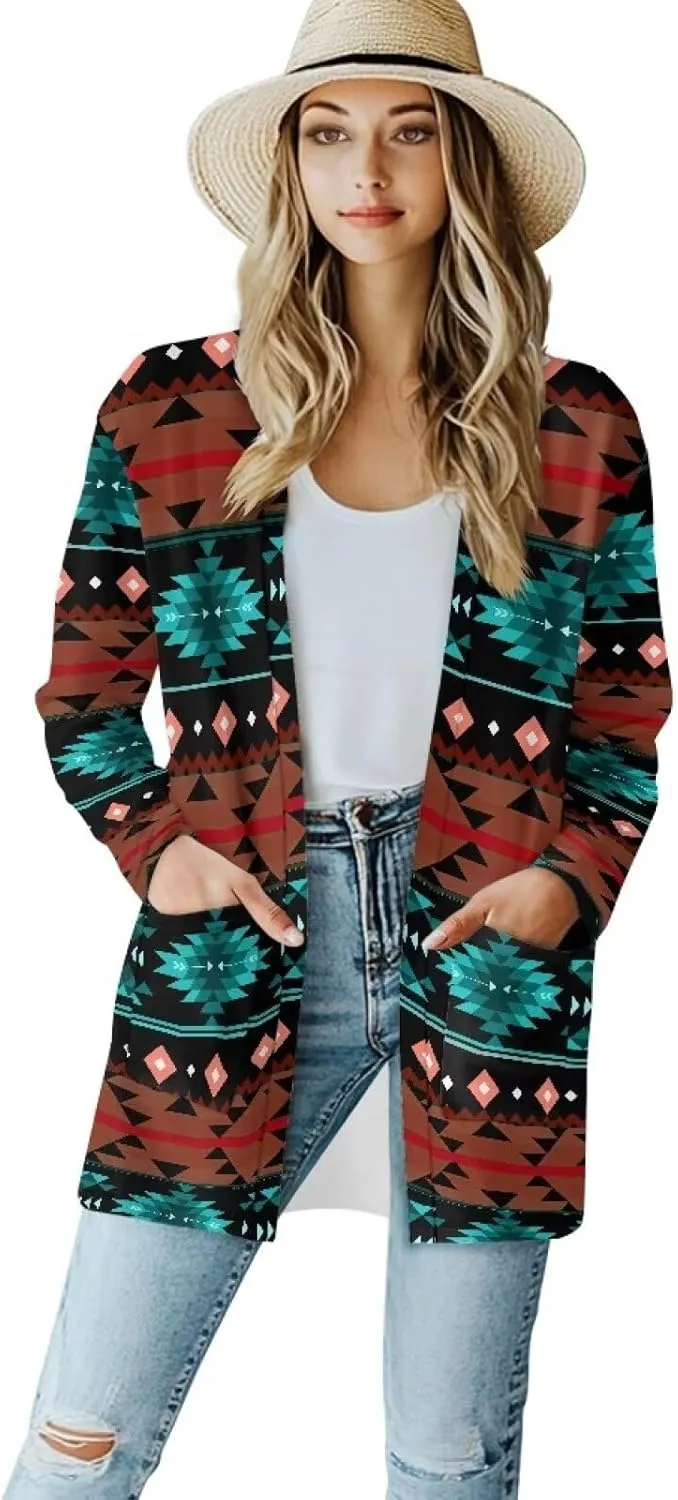 Women Open Front Ethnic Style Aztec Cardigan Tribal Aztec Printed Long Sleeve Casual Loose Coat