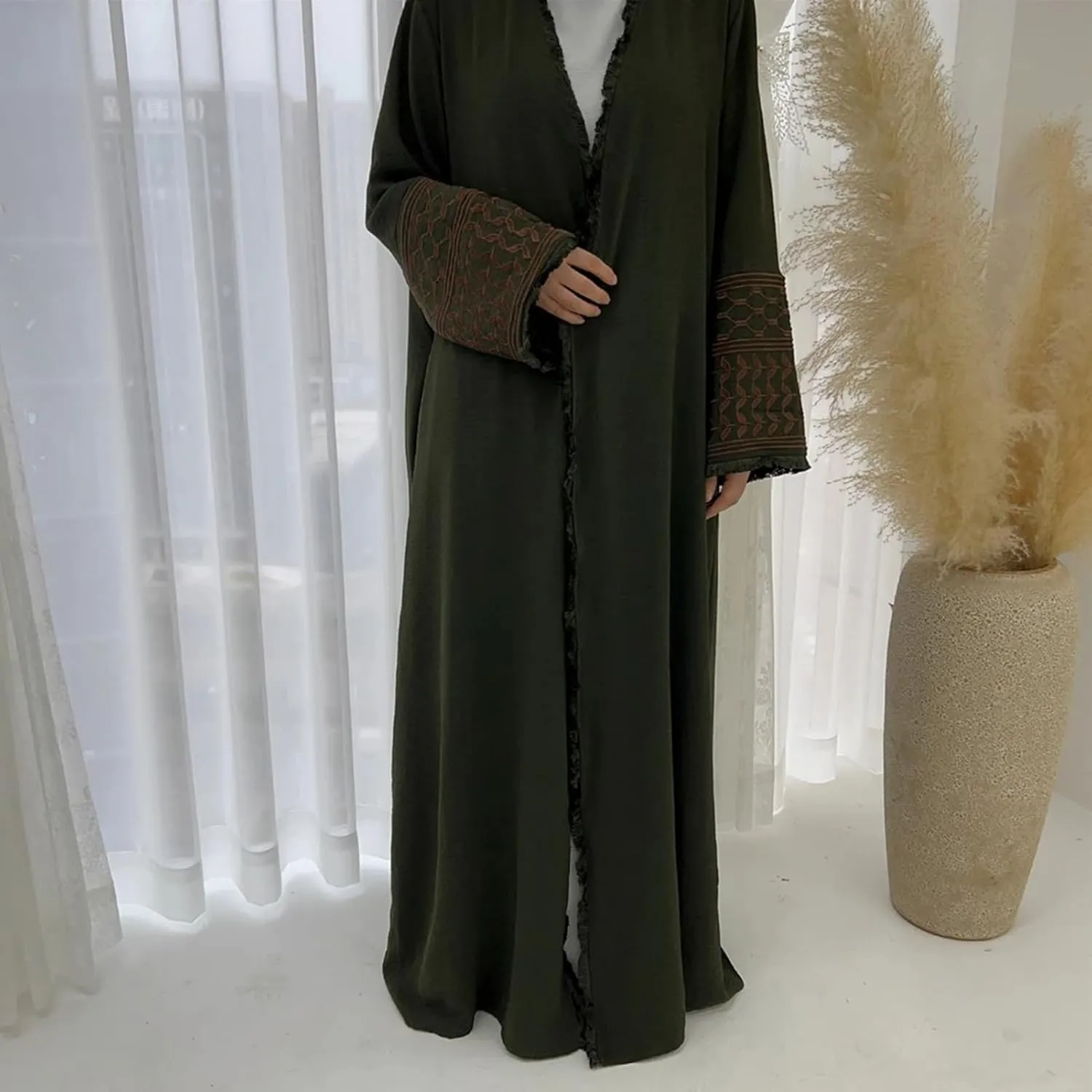 Women Ramadan Muslim Abaya Long Sleeve Embroidered Open Front Cardigan Kimono Turkey Dubai Kaftan