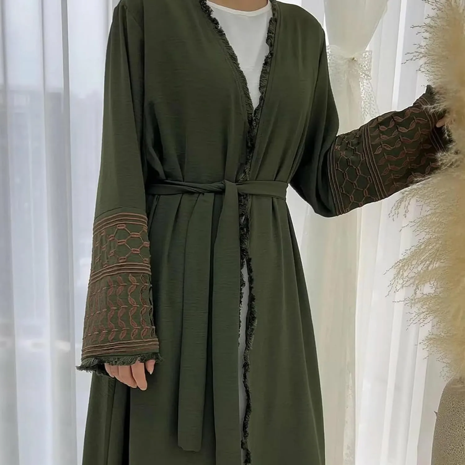 Women Ramadan Muslim Abaya Long Sleeve Embroidered Open Front Cardigan Kimono Turkey Dubai Kaftan