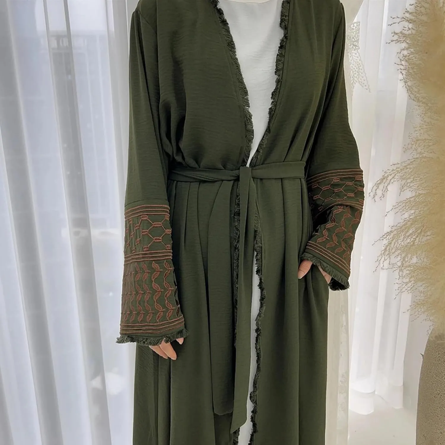 Women Ramadan Muslim Abaya Long Sleeve Embroidered Open Front Cardigan Kimono Turkey Dubai Kaftan