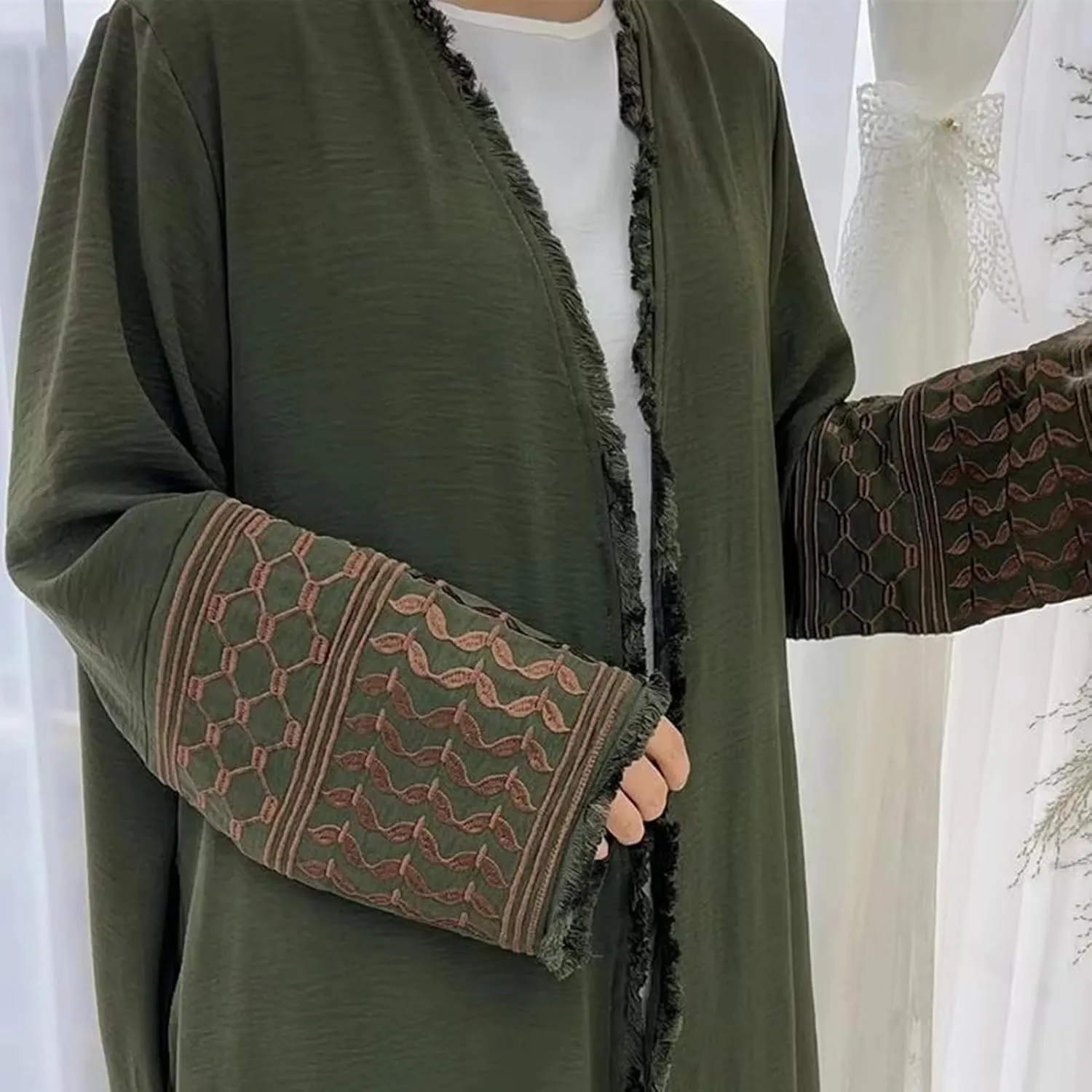 Women Ramadan Muslim Abaya Long Sleeve Embroidered Open Front Cardigan Kimono Turkey Dubai Kaftan