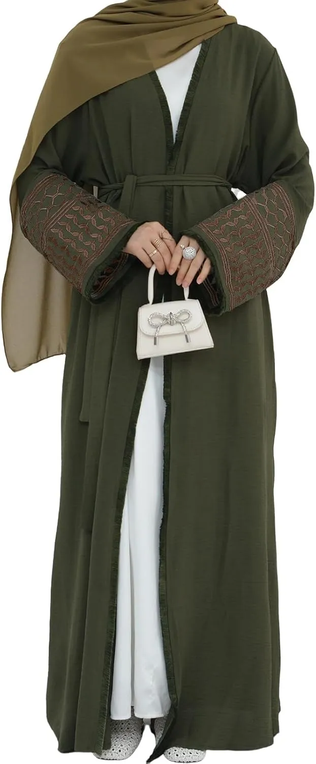Women Ramadan Muslim Abaya Long Sleeve Embroidered Open Front Cardigan Kimono Turkey Dubai Kaftan